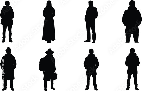 Collection of black silhouettes of men and women wearing winter coats and backpacks standing in various poses on white background