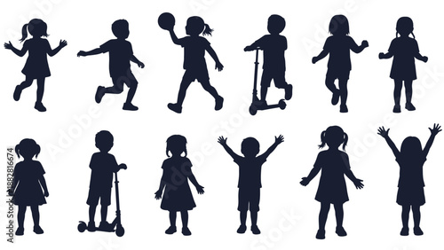 Silhouettes of children engaging in various activities and poses kids running