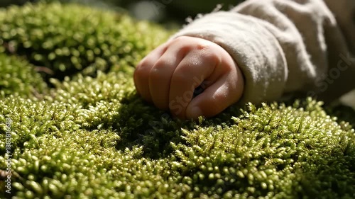 Childs Hand Touching Green Bushes in Nature.