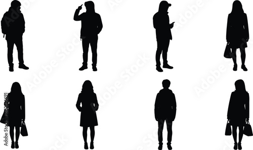 Collection of black silhouettes of men and women with backpacks and shopping bags standing in various poses on white background