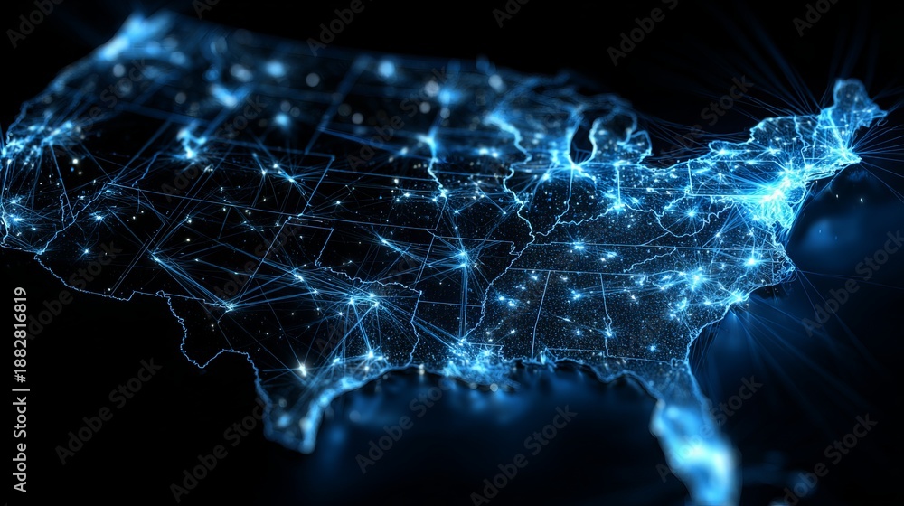 Obraz premium A glowing blue map of the United States showcasing a network of interconnected lines and dots representing cities and states