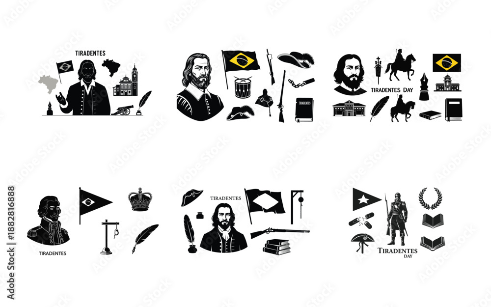 Fototapeta premium Black and white of Tiradentes with flags books and historical symbols figures