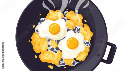 Sunny-side-up eggs and golden fried potatoes sizzling in a black pan with visible steam, a classic hearty breakfast for starting the day just right,