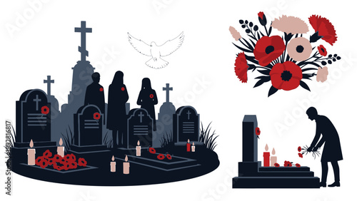 Silhouettes of people at a cemetery with red poppy flowers and candles graveyard