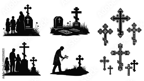 Silhouettes of people at graves with various crosses in a cemetery