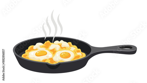 A vibrant illustration of delicious golden fried eggs with steaming melted dairy served in a traditional pan a wholesome morning meal perfect