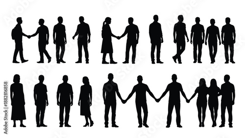 SilhouettesOfPeopleHoldingHandsWalkingAndStandingInRowsVector