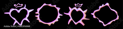 Abstract y2k chrome frames set isolated on black background. Vector realistic illustration of holographic heart and round shape borders, unicorn pink metallic design element, iridescent glossy surface