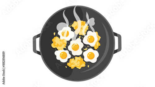 A vibrant culinary illustration capturing the essence of a wholesome breakfast, featuring multiple sizzling eggs expertly prepared in a sleek