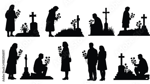 Silhouettes of people paying respects at graves with flowers and crosses