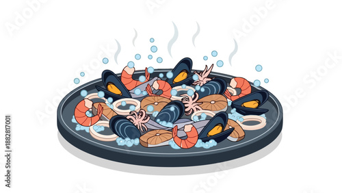 Vibrant illustration of a steaming seafood platter, rich with mussels, shrimp, and calamari, perfect for culinary themes