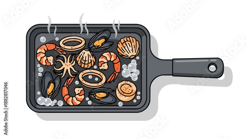 A vibrant culinary illustration showcasing an enticing array of fresh seafood expertly sizzling in a hot pan producing delightful steam and subtle