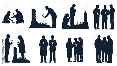 Silhouettes of People Paying Respects at Memorials with Flowers