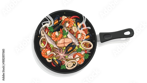 A vibrant illustration of a steaming seafood medley brimming with fresh ingredients in a hot pan ready for a delicious meal preparation
