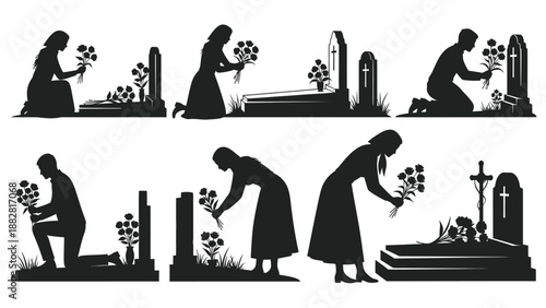 Silhouettes of people placing flowers at gravestones in a cemetery mourning