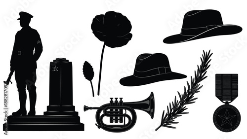Silhouette Military Monument Hats Musical Instrument and Medal