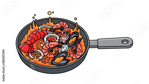 Vibrant seafood medley sizzling in a cooking pan with a fiery base, illustrating a delicious culinary preparation