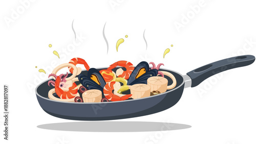 Fresh seafood medley sizzling in a pan with steam and oil splatters for a delicious meal preparation graphic illustration perfect for culinary