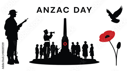 Silhouette of A N Z A C Day Commemoration with Soldiers and Poppy ANZAC Day military