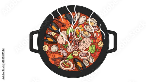 Vibrant illustration of a steaming seafood stew with fresh shrimp, mussels, clams, squid, and fish in rich broth.