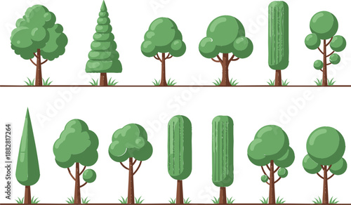 Flat Vector Tree Illustration Set Featuring Various Green Geometric Deciduous and Evergreen Trees for Landscape Design Environment and Nature Graphics