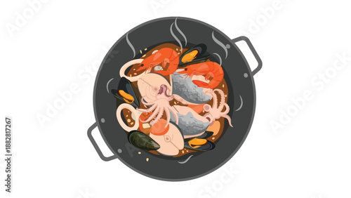 Delicious steaming seafood medley in a dark pan. Contains fresh prawns, squid, mussels, fish in rich broth, ready for a gourmet feast. An appetizing