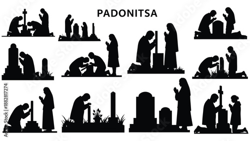 Silhouettes of people praying at graves in a cemetery with the word Padonitsa black and white