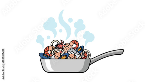A captivating illustration of a vibrant seafood assortment actively steaming in a pan for culinary enjoyment