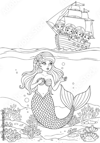 an unexpected meeting of sailors with a mermaid in the ocean. coloring book