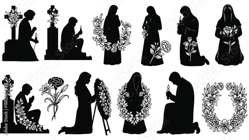 Silhouettes of people praying with flowers and crosses in black and white kneeling
