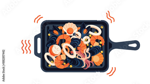 A vibrant illustration of assorted fresh seafood sizzling on a hot grill pan ready for a delicious meal