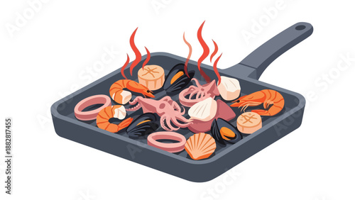 Fresh seafood medley, an isometric illustration featuring shrimp, squid, mussels, and scallops sizzling in a hot pan, creating an inviting culinary