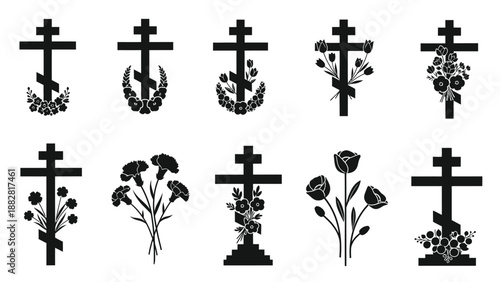 Ten Black Silhouette Crosses with Floral Arrangements silhouettes wreaths