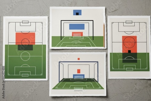 Collection of soccer field diagrams on gray surface