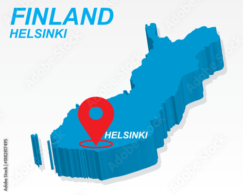 Finland Map Vector, Helsinki Capital City Marker on Blue 3D Country Shape, Finland Infographic Design, Editable Destination Pointer Finland Geography