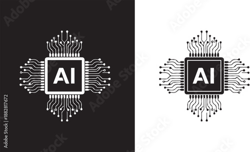 AI technology concept with circuit board and microchip, artificial intelligence symbol with black and white background, representing machine learning and innovation in computer science and robotics.