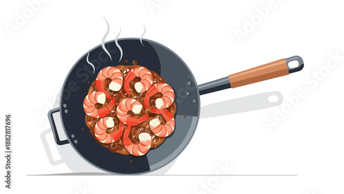 Sizzling wok with expertly prepared, succulent shrimp, coated in a rich savory brown sauce and emitting inviting steam, capturing the essence of