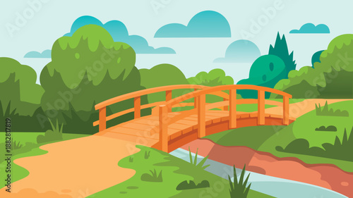 A picturesque wooden bridge gracefully curves over a calm stream in lush greenery