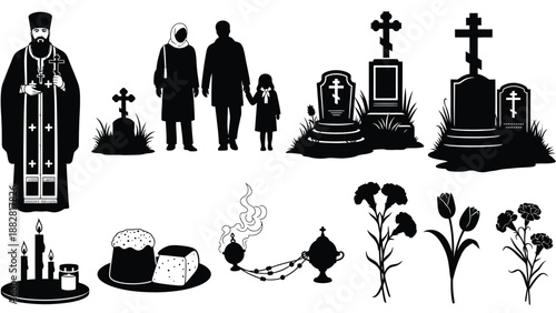 Black and white of funeral ceremony with priest and tombstones crosses