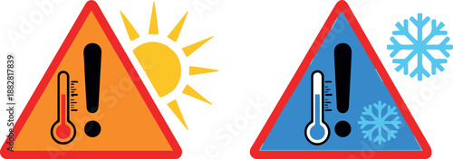 Graphic illustration of warning signs for extreme temperatures, heat and cold, with thermometers and sun and snowflake symbols.