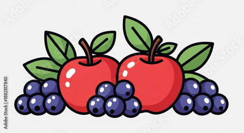 Two red apples with green leaves and a cluster of blueberries on a white background fruit illustration healthy eating concept