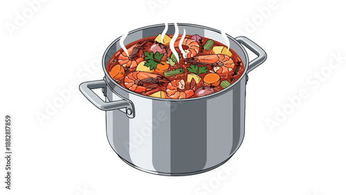A vibrant illustration of a hot and savory shrimp and vegetable stew simmering in a metal pot, perfect for a hearty meal