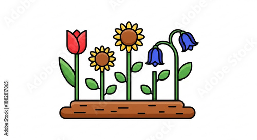 Colorful cartoon flowers including tulip sunflowers and bluebells growing in a brown soil bed with green leaves