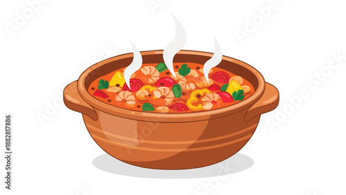 A hearty steaming bowl of shrimp and colorful vegetable stew, perfectly illustrated with a warm, inviting glow