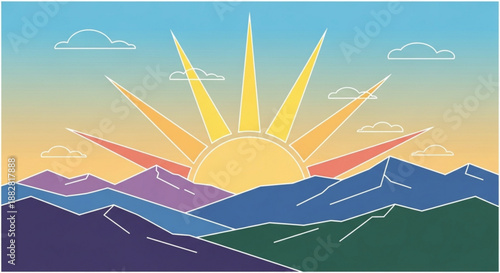 Vibrant sunrise over colorful mountain range with sun rays and clouds in blue yellow green purple sky