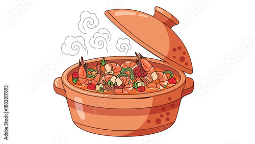 A vibrant culinary illustration of savory shrimp and colorful vegetables steaming in a traditional clay pot.
