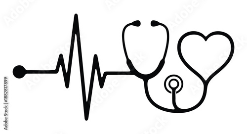 Black line drawing of stethoscope and heartbeat line on white background