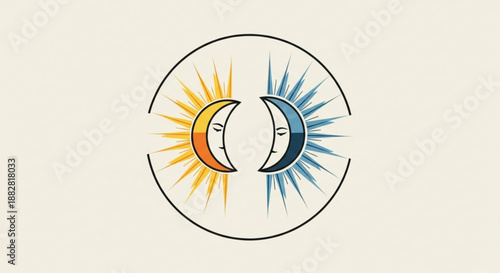 Day and night symbol sun and moon phases in circle duality concept with light rays