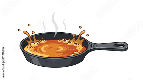 Cartoon skillet illustration showcasing lively golden-orange liquid vigorously boiling and splashing with steam rising. Ideal for dynamic culinary