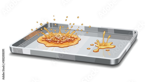 Illustrative representation of a hot pan splatter with molten golden substance and tiny solid particles, depicting a vivid cooking incident or food